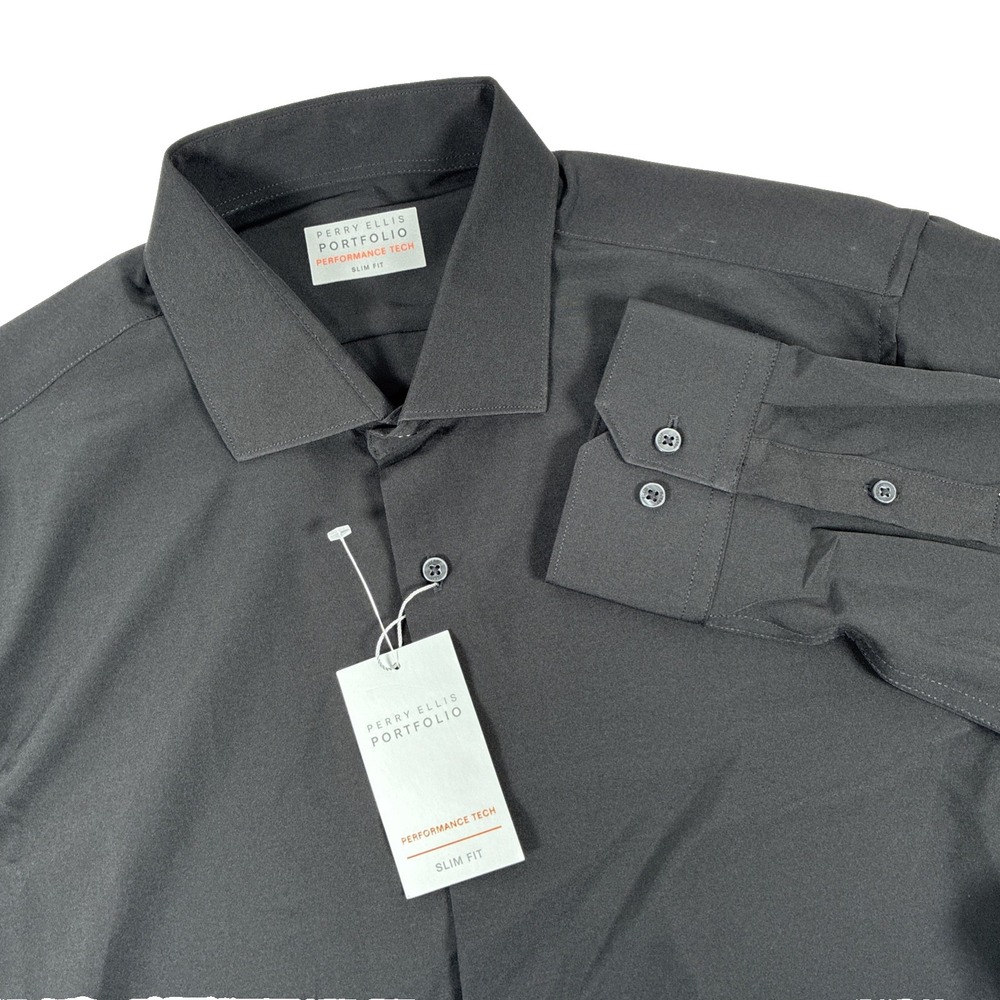 New Mens Perry Ellis LS Button Up Performance Tech Slim Fit Shirt Size L NWT